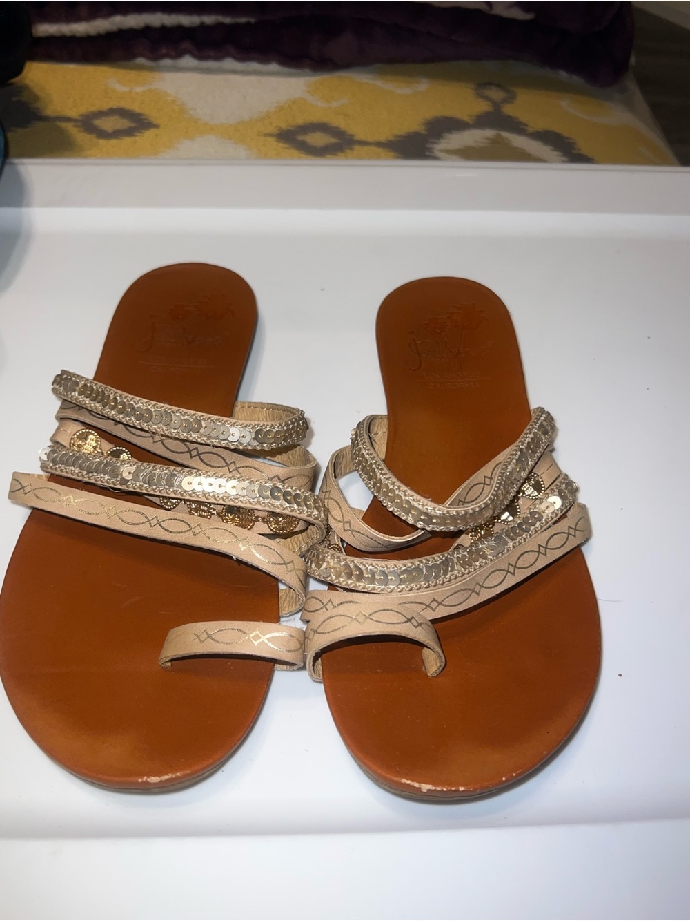 Jellypop Beige and Gold Embellished Strappy Slide Sandals